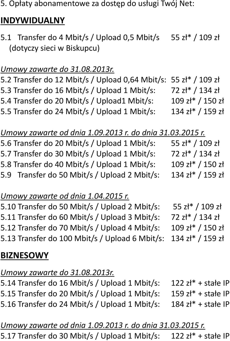 5 Transfer do 24 Mbit/s / Upload 1 Mbit/s: 134 zł* / 159 zł Umowy zawarte od dnia 1.09.2013 r. do dnia 31.03.2015 r. 5.6 Transfer do 20 Mbit/s / Upload 1 Mbit/s: 55 zł* / 109 zł 5.