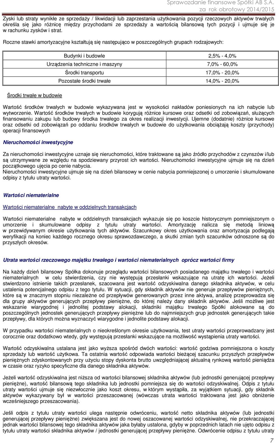 Roczne stawki amortyzacyjne kształtują się następująco w poszczególnych grupach rodzajowych: Środki trwałe w budowie Budynki i budowle 2,5% - 4,0% Urządzenia techniczne i maszyny 7,0% - 60,0% Środki