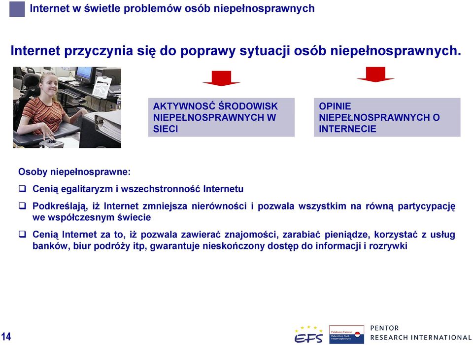 wszechstronność Internetu Podkreślają, iż Internet zmniejsza nierówności i pozwala wszystkim na równą partycypację we współczesnym świecie