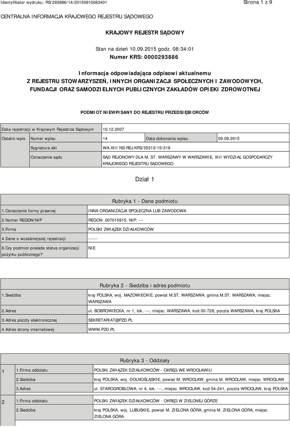 OPIEKI ZDROWOTNEJ PODMIOT NIEWPISANY DO REJESTRU PRZEDSIĘBIORCÓW Data rejestracji w Krajowym Rejestrze Sądowym 10.12.2007 Ostatni wpis Numer wpisu 14 Data dokonania wpisu 09.