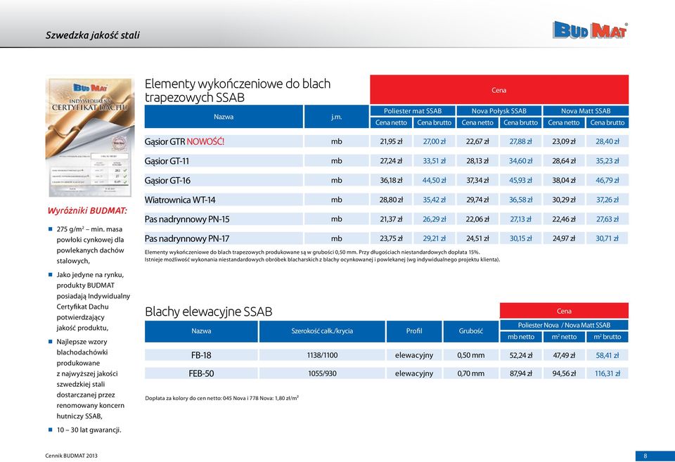 wzory blachodachówki produkowane z najwyższej jakości szwedzkiej stali dostarczanej przez renomowany koncern hutniczy SSAB, Wiatrownica WT-14 28,80 zł 35,42 zł 29,74 zł 36,58 zł 30,29 zł 37,26 zł Pas