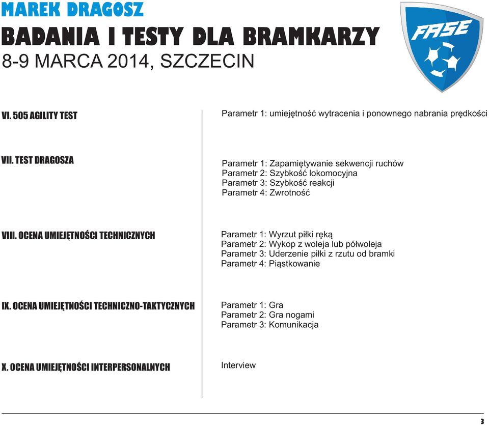 VIII. OCENA UMIEJÊTNOŒCI TECHNICZNYCH Parametr 1: Wyrzut pi³ki rêk¹ Parametr 2: Wykop z woleja lub pó³woleja Parametr 3: Uderzenie pi³ki z