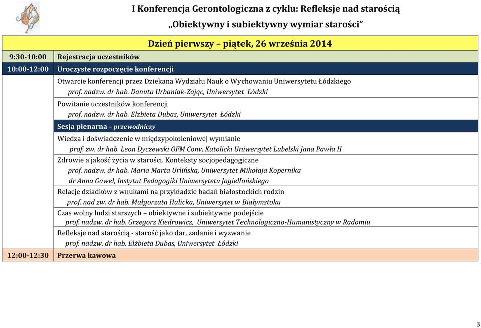 nadzw. dr hab. Elżbieta Dubas, Sesja plenarna Wiedza i doświadczenie w międzypokoleniowej wymianie prof. zw. dr hab. Leon Dyczewski OFM Conv, Katolicki Uniwersytet Lubelski Jana Pawła II Zdrowie a jakość życia w starości.