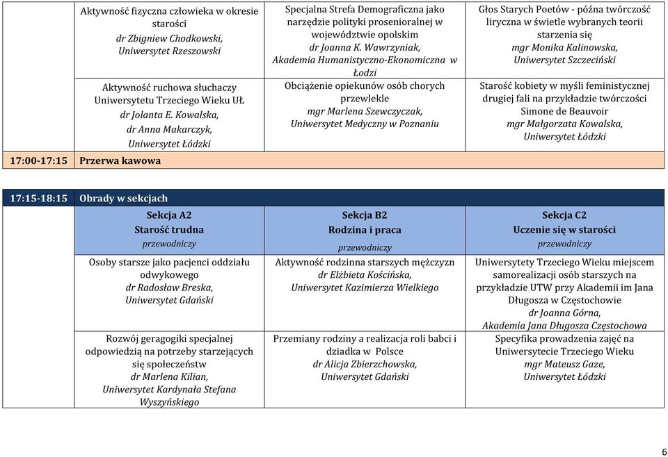 Wawrzyniak, Akademia Humanistyczno-Ekonomiczna w Łodzi Obciążenie opiekunów osób chorych przewlekle mgr Marlena Szewczyczak, Uniwersytet Medyczny w Poznaniu Głos Starych Poetów - późna twórczość