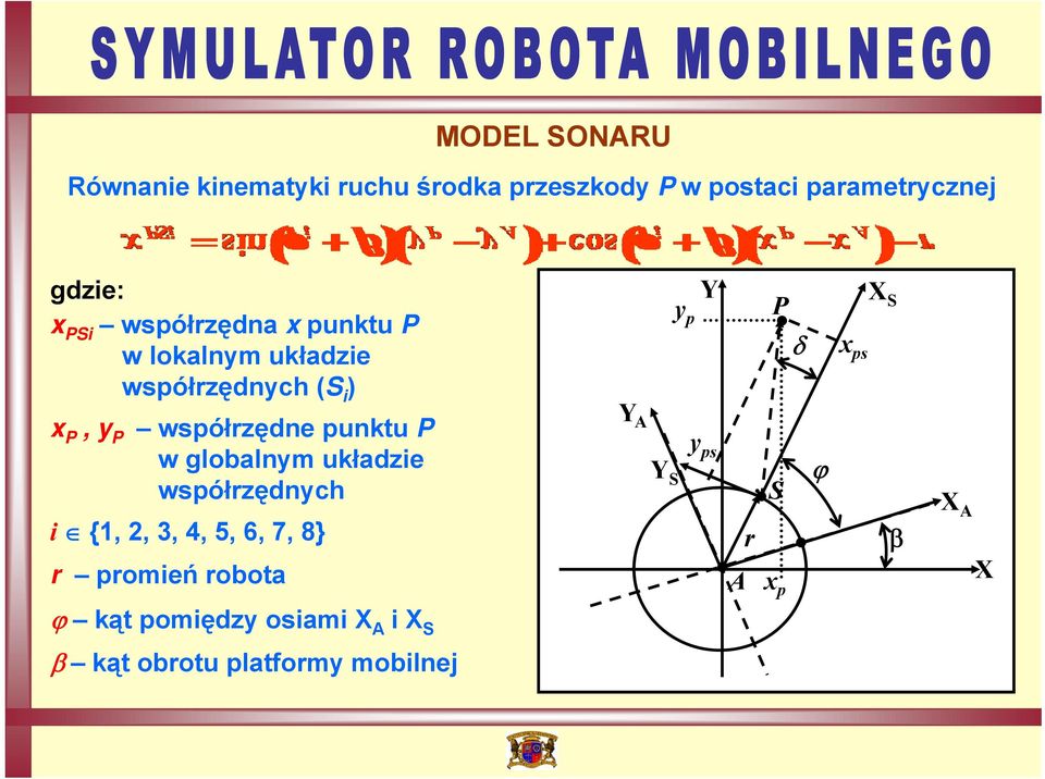 globalnym układzie współrzędnych i {1, 2, 3, 4, 5, 6, 7, 8} r promień robota ϕ kąt pomiędzy