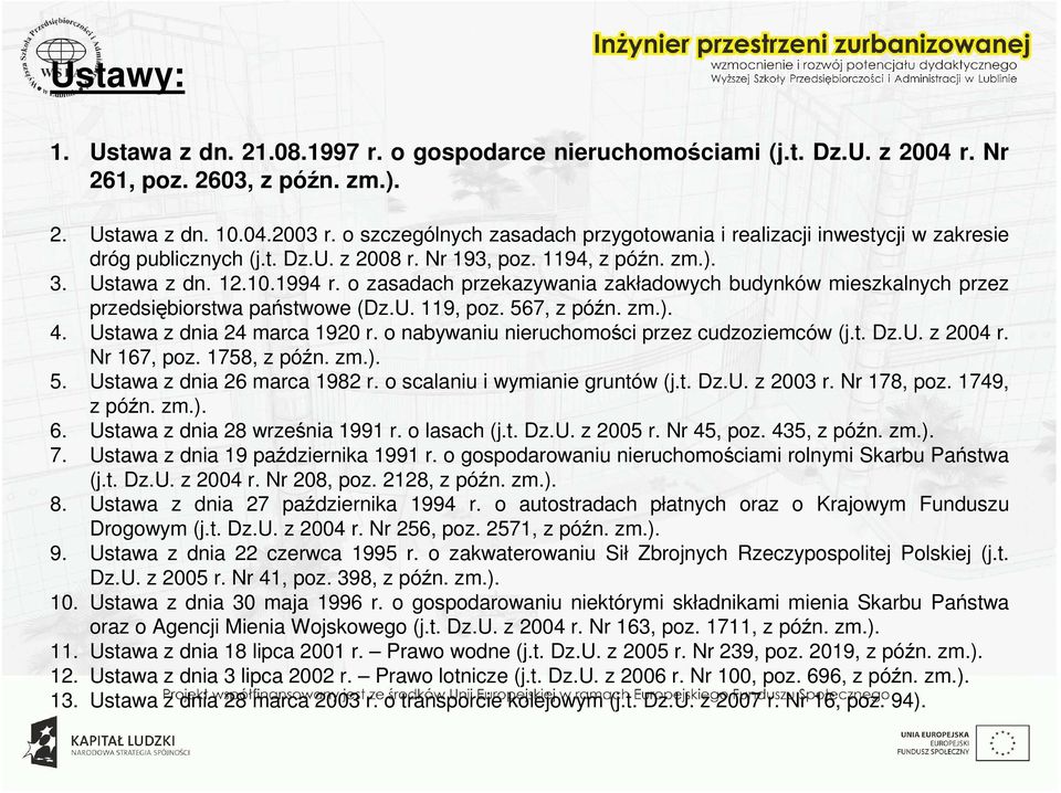 o zasadach przekazywania zakładowych budynków mieszkalnych przez przedsiębiorstwa państwowe (Dz.U. 119, poz. 567, z późn. zm.). 4. Ustawa z dnia 24 marca 1920 r.