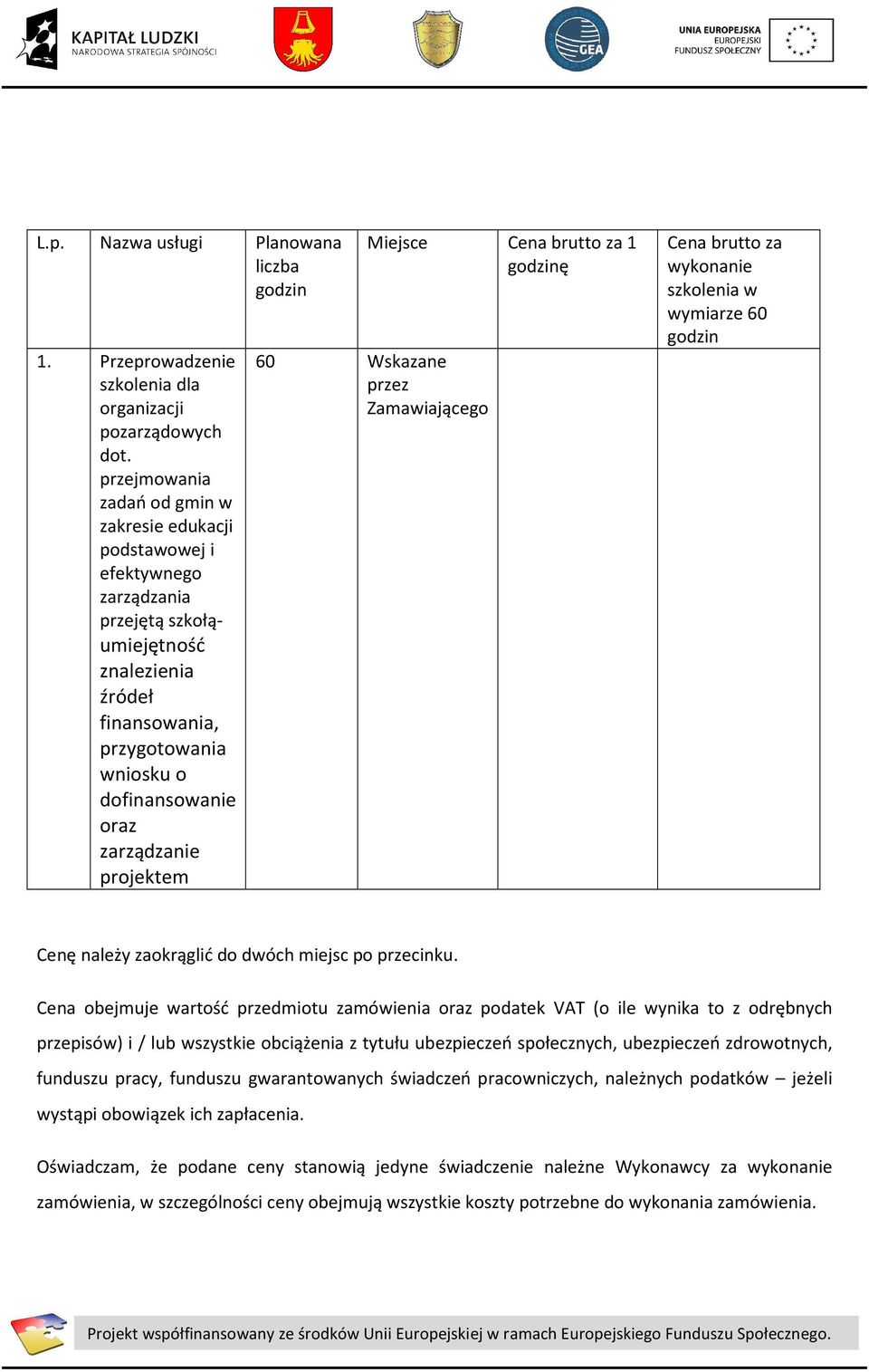 zarządzanie projektem Miejsce Cena brutto za 1 godzinę 60 Wskazane przez Zamawiającego Cena brutto za wykonanie szkolenia w wymiarze 60 godzin Cenę należy zaokrąglić do dwóch miejsc po przecinku.