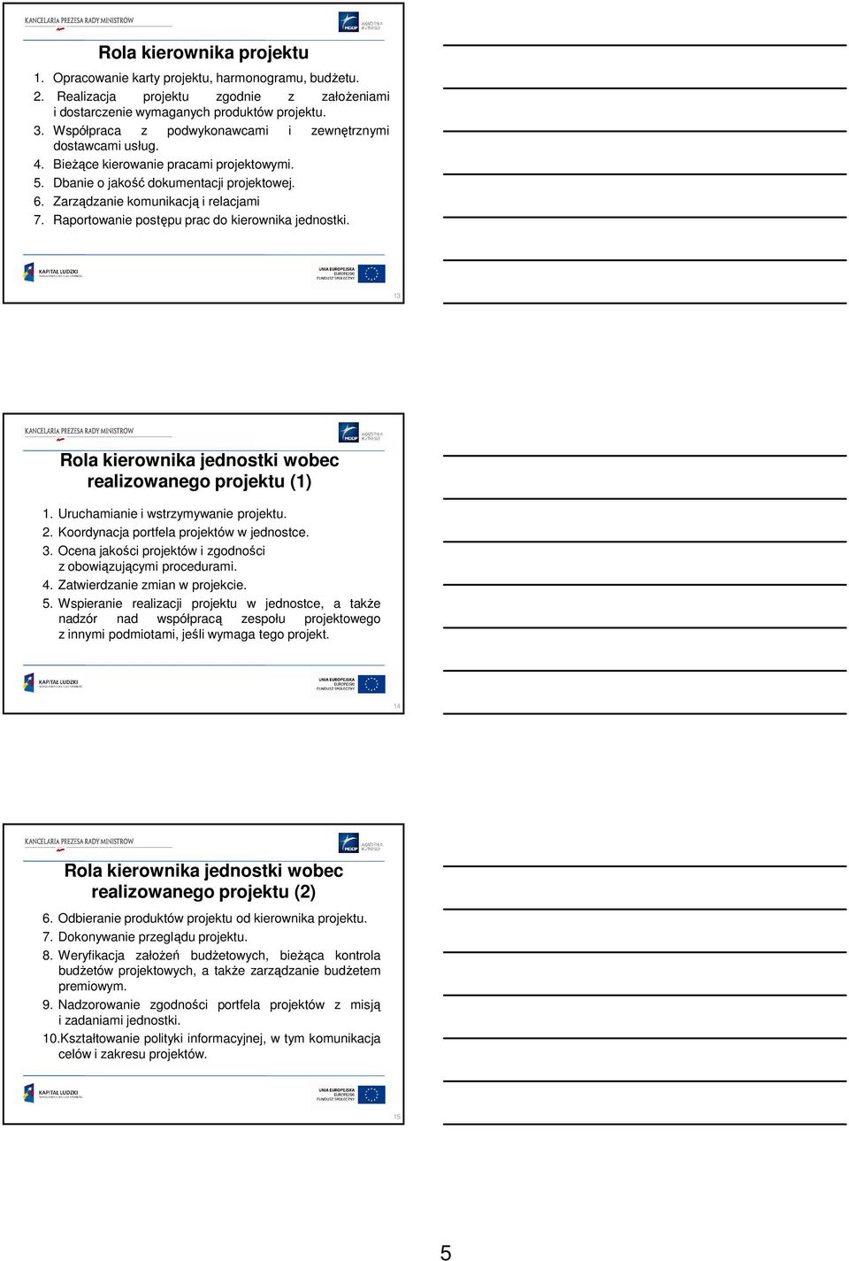 Raportowanie postępu prac do kierownika jednostki. 13 Rola kierownika jednostki wobec realizowanego projektu (1) 1. Uruchamianie i wstrzymywanie projektu. 2.