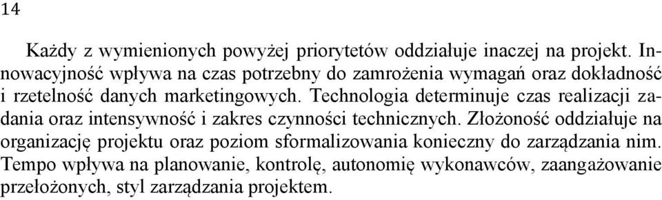 Technologia determinuje czas realizacji zadania oraz intensywność i zakres czynności technicznych.