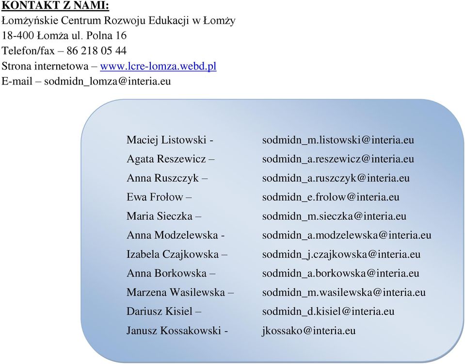 eu Maciej Listowski - Agata Reszewicz Anna Ruszczyk Ewa Frołow Maria Sieczka Anna Modzelewska - Izabela Czajkowska Anna Borkowska Marzena Wasilewska Dariusz Kisiel Janusz