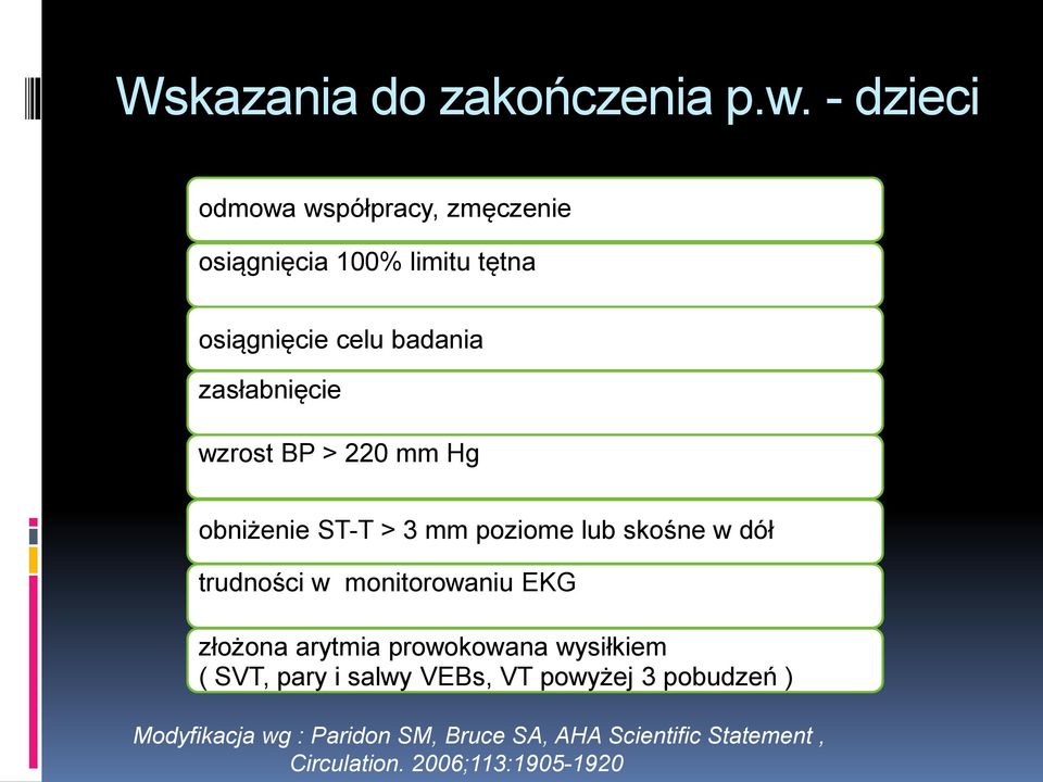 zasłabnięcie wzrost BP > 220 mm Hg obniżenie ST-T > 3 mm poziome lub skośne w dół trudności w