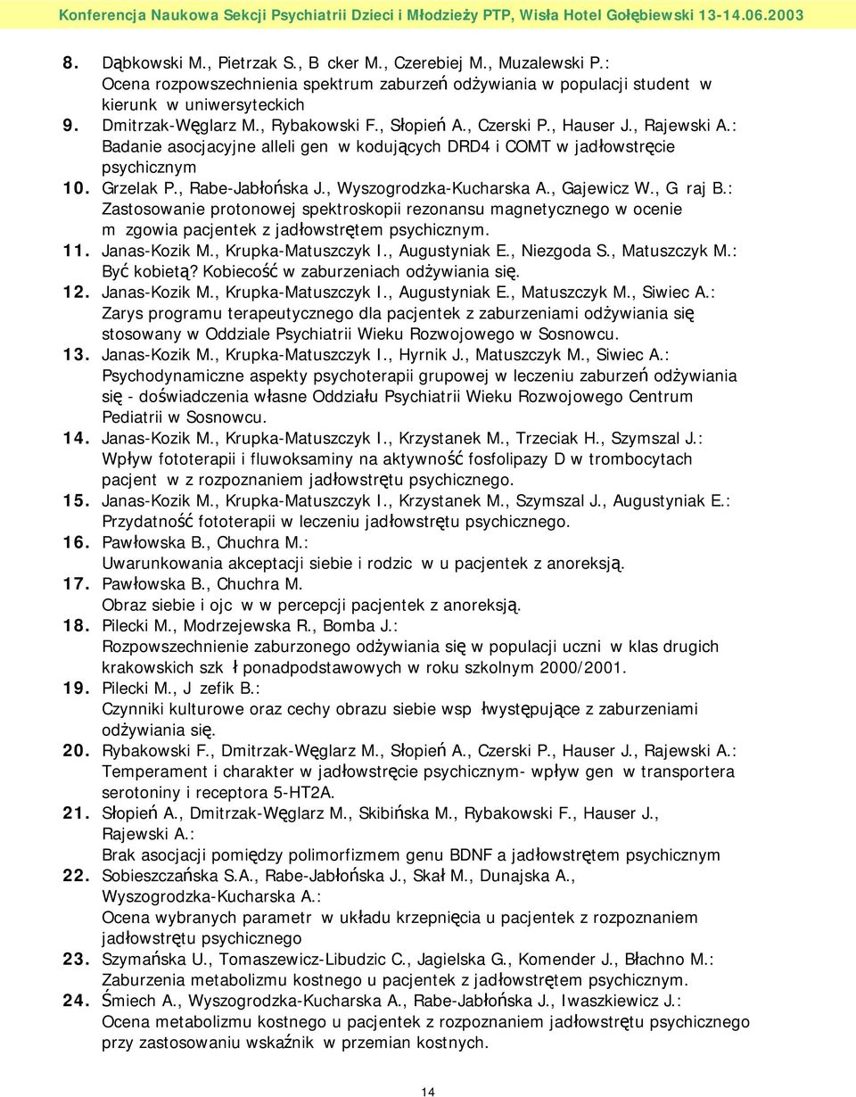 , Wyszogrodzka-Kucharska A., Gajewicz W., G raj B.: Zastosowanie protonowej spektroskopii rezonansu magnetycznego w ocenie m zgowia pacjentek z jadłowstrętem psychicznym. 11. Janas-Kozik M.