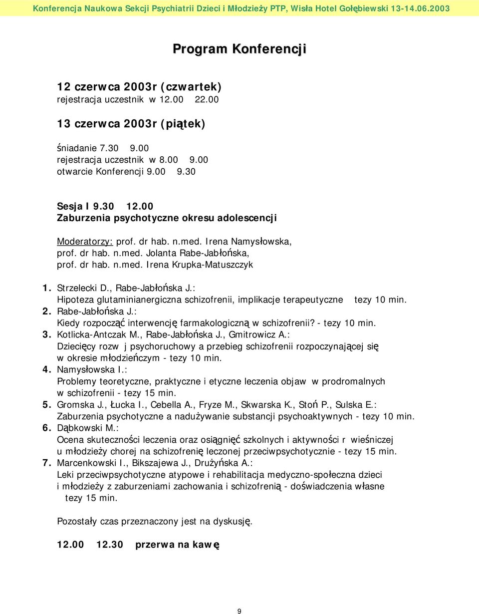 Strzelecki D., Rabe-Jabłońska J.: Hipoteza glutaminianergiczna schizofrenii, implikacje terapeutyczne tezy 10 min. 2. Rabe-Jabłońska J.: Kiedy rozpocząć interwencję farmakologiczną w schizofrenii?