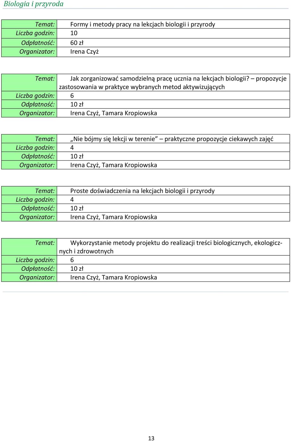 propozycje ciekawych zajęd Liczba godzin: 4 Organizator: Irena Czyż, Tamara Kropiowska Temat: Proste doświadczenia na lekcjach biologii i przyrody Liczba godzin: 4 Organizator: