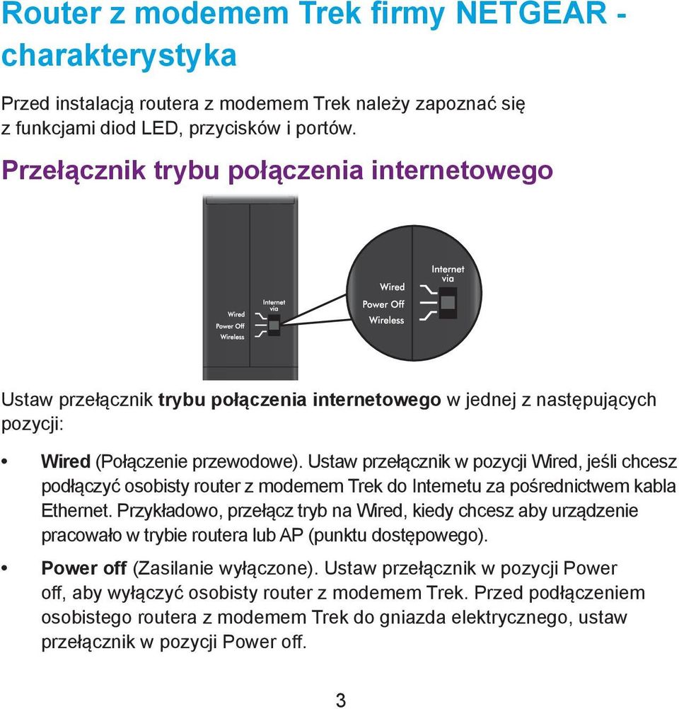 Ustaw przełącznik w pozycji Wired, jeśli chcesz podłączyć osobisty router z modemem Trek do Internetu za pośrednictwem kabla Ethernet.