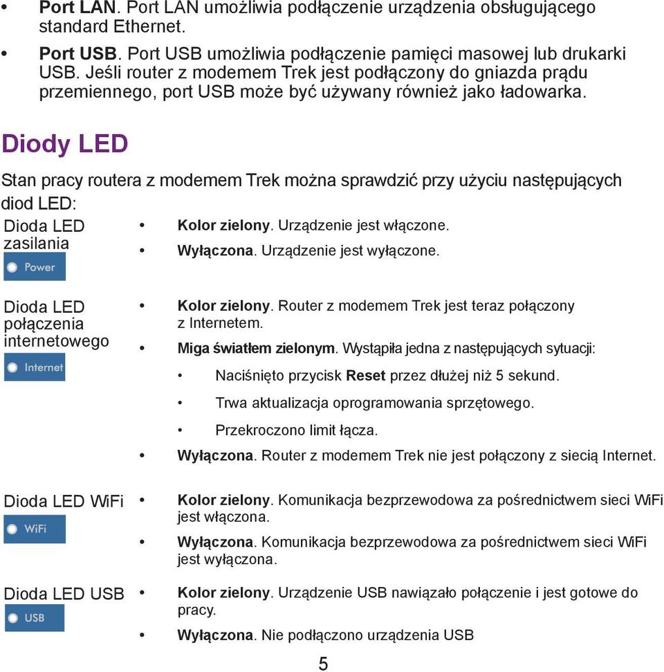 Diody LED Stan pracy routera z modemem Trek można sprawdzić przy użyciu następujących diod LED: Dioda LED Kolor zielony. Urządzenie jest włączone. zasilania Wyłączona. Urządzenie jest wyłączone.