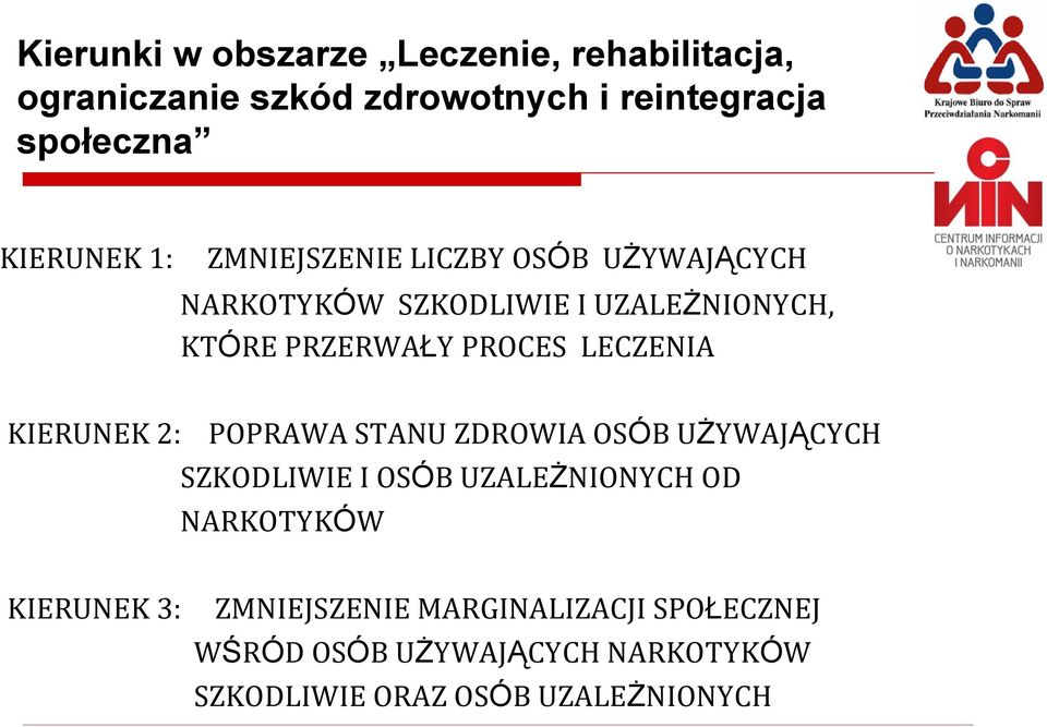 LECZENIA KIERUNEK 2: POPRAWA STANU ZDROWIA OSÓB UŻYWAJĄCYCH SZKODLIWIE I OSÓB UZALEŻNIONYCH OD NARKOTYKÓW