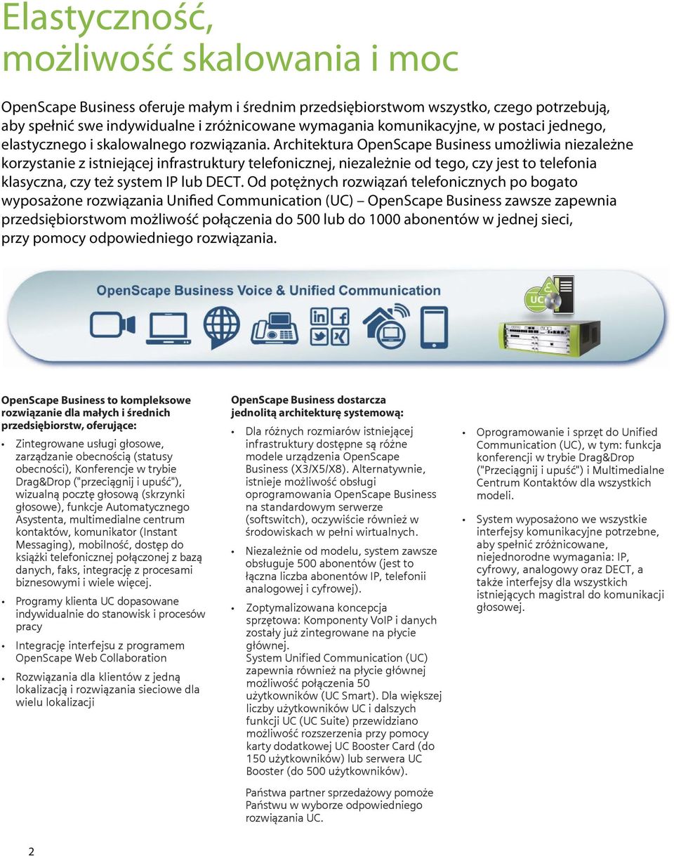 Architektura OpenScape Business umożliwia niezależne korzystanie z istniejącej infrastruktury telefonicznej, niezależnie od tego, czy jest to telefonia klasyczna, czy też system IP lub DECT.