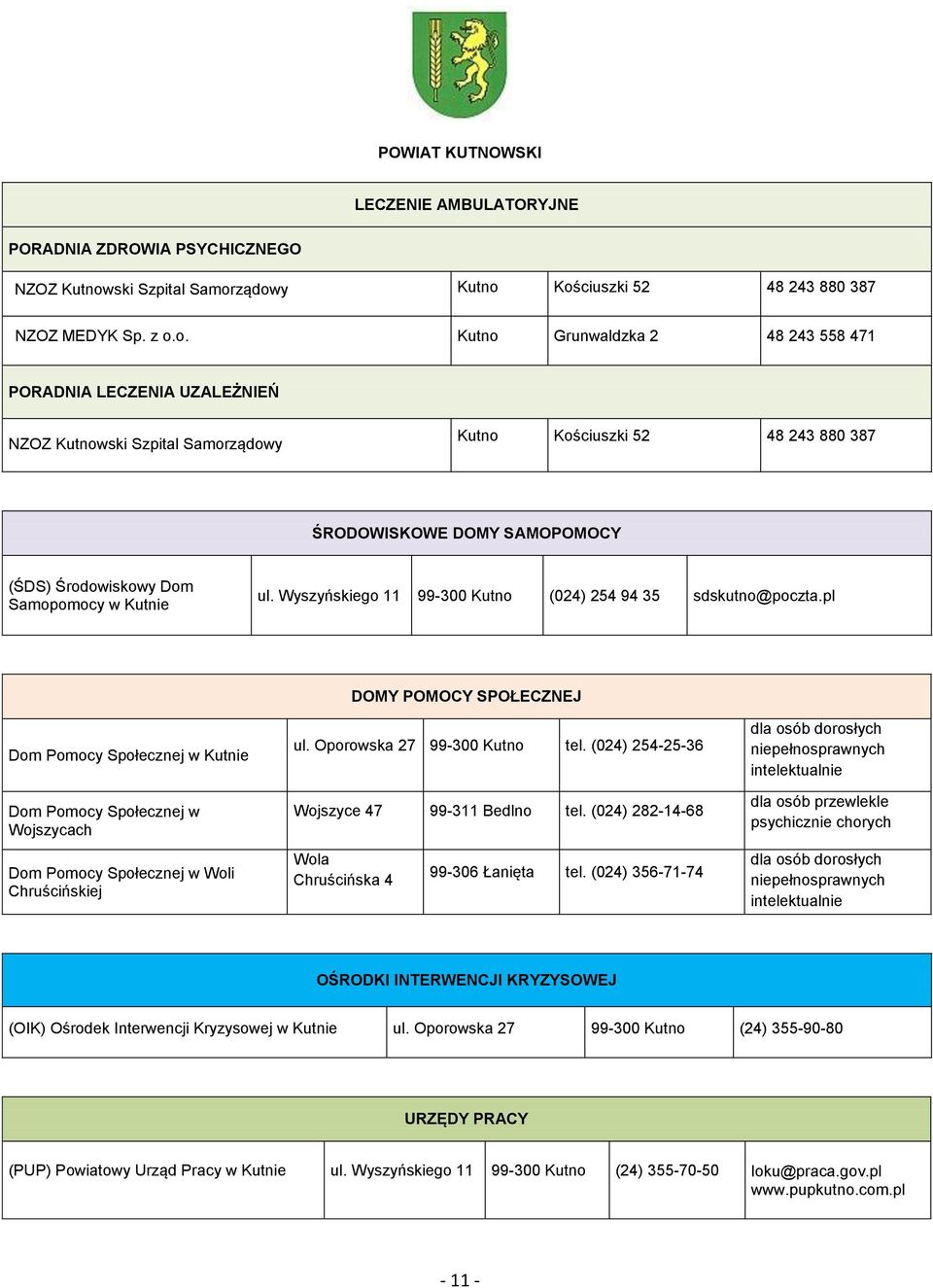 ządowy Kutno Kościuszki 52 48 243 880 387 NZOZ MEDYK Sp. z o.o. Kutno Grunwaldzka 2 48 243 558 471 PORADNIA LECZENIA UZALEŻNIEŃ NZOZ Kutnowządowy Kutno Kościuszki 52 48 243 880 387 ŚRODOWISKOWE DOMY SAMOPOMOCY Samopomocy w Kutnie ul.