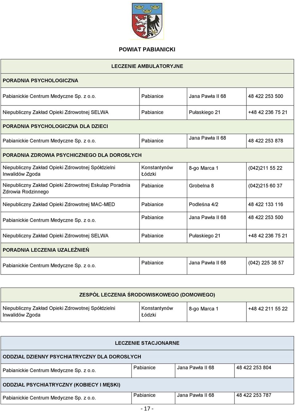 z o.o. Pabianice Jana Pawła II 68 48 422 253 878 PORADNIA ZDROWIA PSYCHICZNEGO DLA DOROSŁYCH Niepubliczny Zakład Opieki Zdrowotnej Spółdzielni Inwalidów Zgoda Konstantynów Łódzki 8-go Marca 1