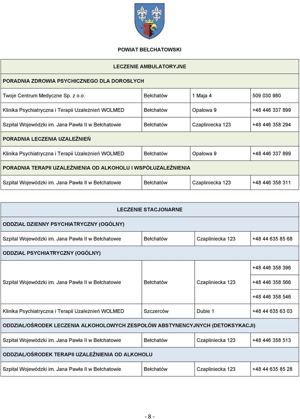 Jana Pawła II w Bełchatowie Bełchatów Czapliniecka 123 +48 446 358 294 PORADNIA LECZENIA UZALEŻNIEŃ Klinika Psychiatryczna i Terapii Uzależnień WOLMED Bełchatów Opalowa 9 +48 446 337 899 PORADNIA