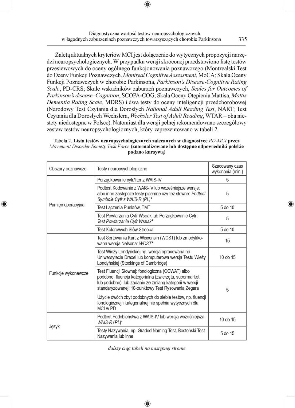 W przypadku wersji skróconej przedstawiono listę testów przesiewowych do oceny ogólnego funkcjonowania poznawczego (Montrealski Test do Oceny Funkcji Poznawczych, Montreal Cognitive Assessment, MoCA;