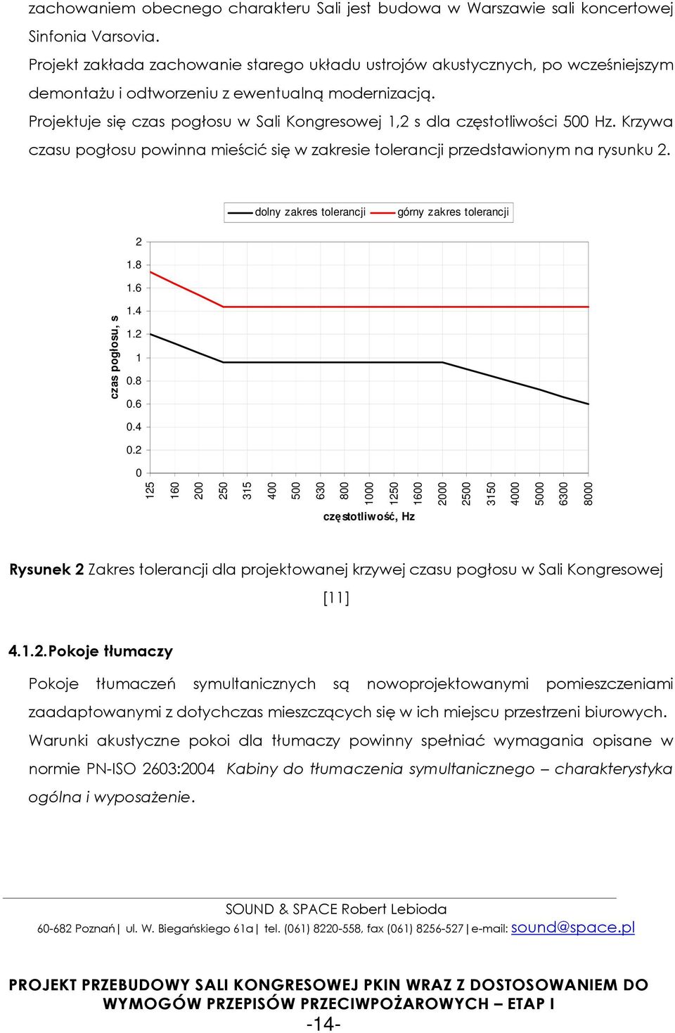 Projektuje się czas pogłosu w Sali Kongresowej 1,2 s dla częstotliwości 500 Hz. Krzywa czasu pogłosu powinna mieścić się w zakresie tolerancji przedstawionym na rysunku 2.