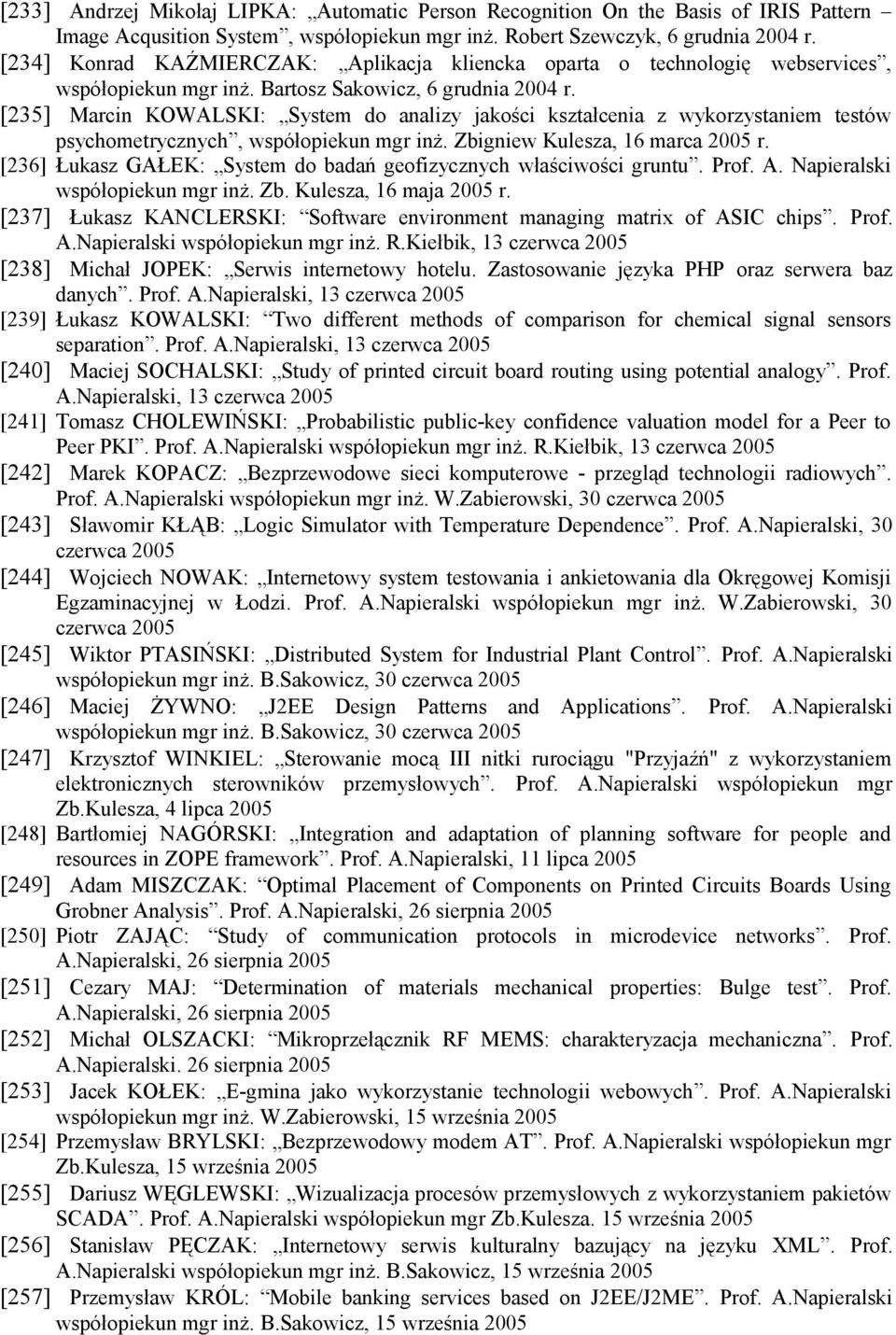 [235] Marcin KOWALSKI: System do analizy jakości kształcenia z wykorzystaniem testów psychometrycznych, współopiekun mgr inż. Zbigniew Kulesza, 16 marca 2005 r.