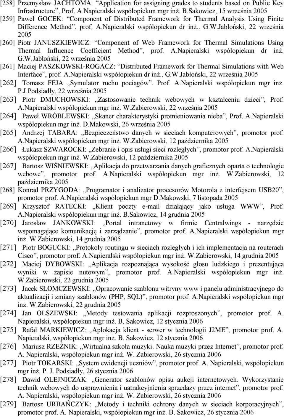 Jabłoński, 22 września 2005 [260] Piotr JANUSZKIEWICZ: Component of Web Framework for Thermal Simulations Using Thermal Influence Coefficient Method, prof. A.Napieralski współopiekun dr inż. G.W.Jabłoński, 22 września 2005 [261] Maciej PASZKOWSKI-ROGACZ: Distributed Framework for Thermal Simulations with Web Interface, prof.