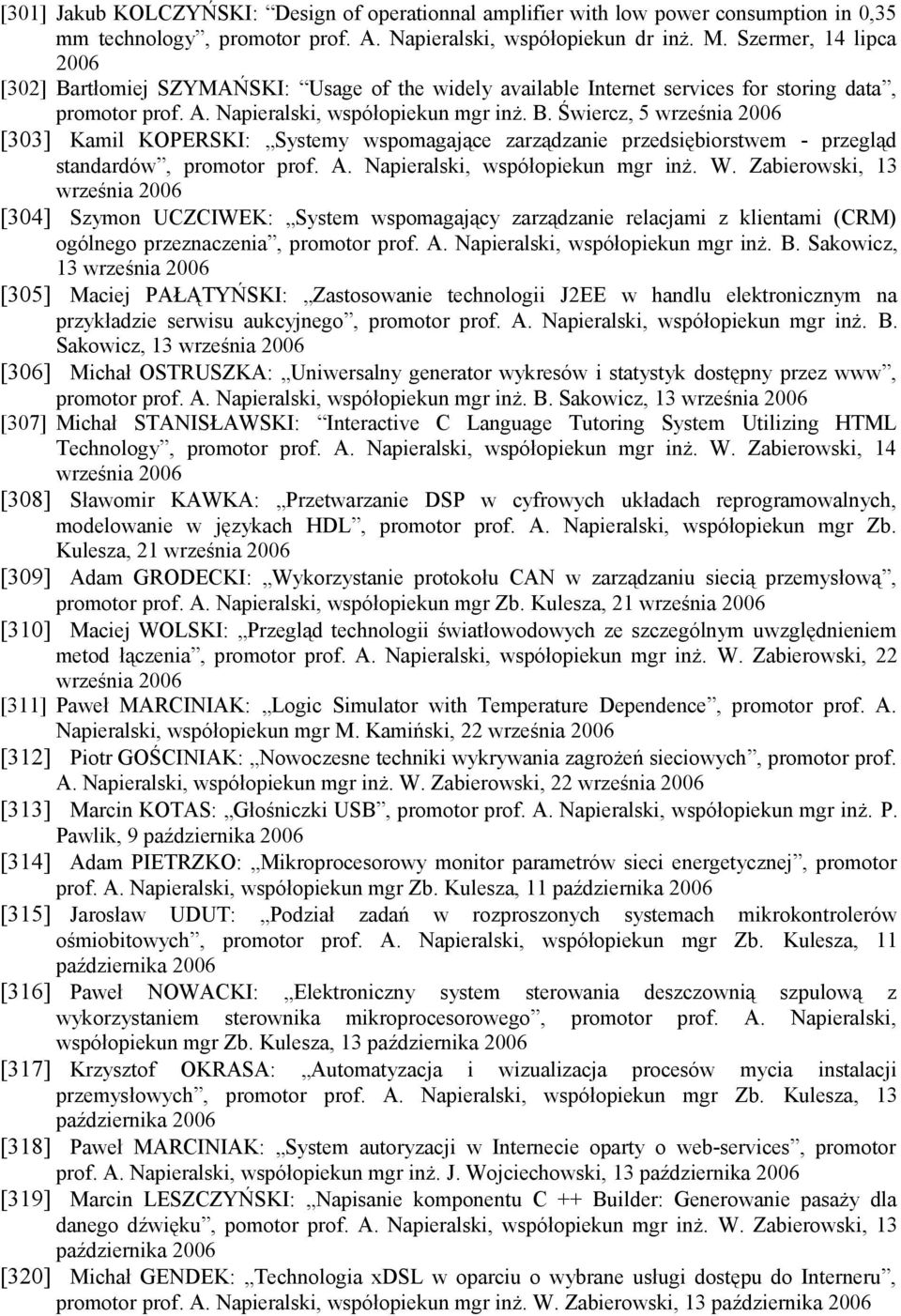 A. Napieralski, współopiekun mgr inż. W. Zabierowski, 13 września 2006 [304] Szymon UCZCIWEK: System wspomagający zarządzanie relacjami z klientami (CRM) ogólnego przeznaczenia, promotor prof. A.