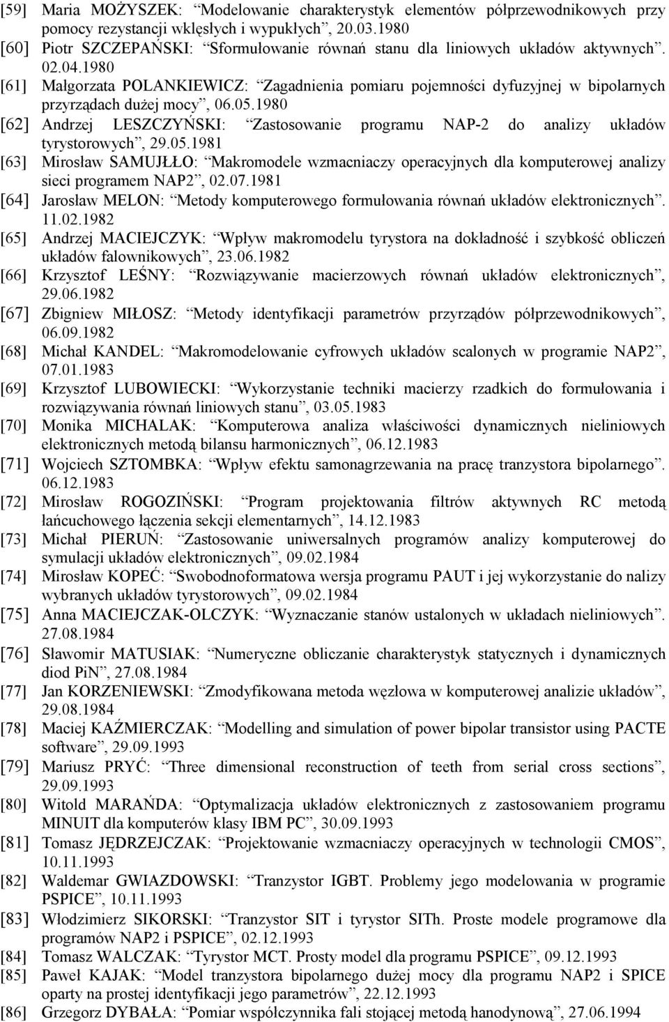 1980 [61] Małgorzata POLANKIEWICZ: Zagadnienia pomiaru pojemności dyfuzyjnej w bipolarnych przyrządach dużej mocy, 06.05.