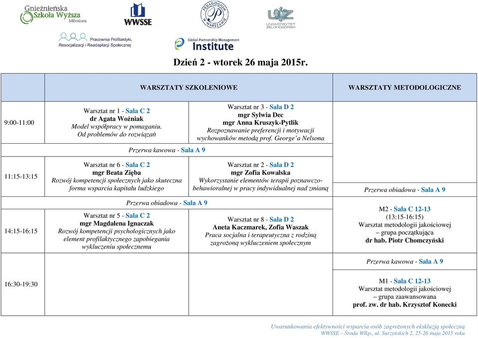 George a Nelsona 11:15-13:15 Warsztat nr 6 - Sala C 2 mgr Beata Zięba Rozwój kompetencji społecznych jako skuteczna forma wsparcia kapitału ludzkiego Warsztat nr 2 - Sala D 2 mgr Zofia Kowalska