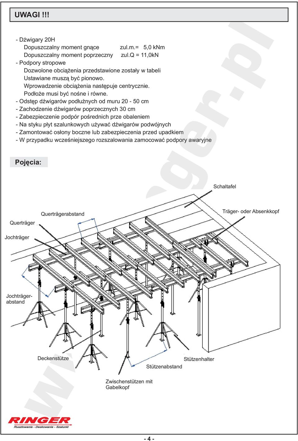 - Odstêp dÿwigarów pod³u nych od muru 20-50 cm - Zachodzenie dÿwigarów poprzecznych 30 cm - Zabezpieczenie podpór poœrednich prze obaleniem - Na styku p³yt szalunkowych u ywaæ dÿwigarów podwójnych -