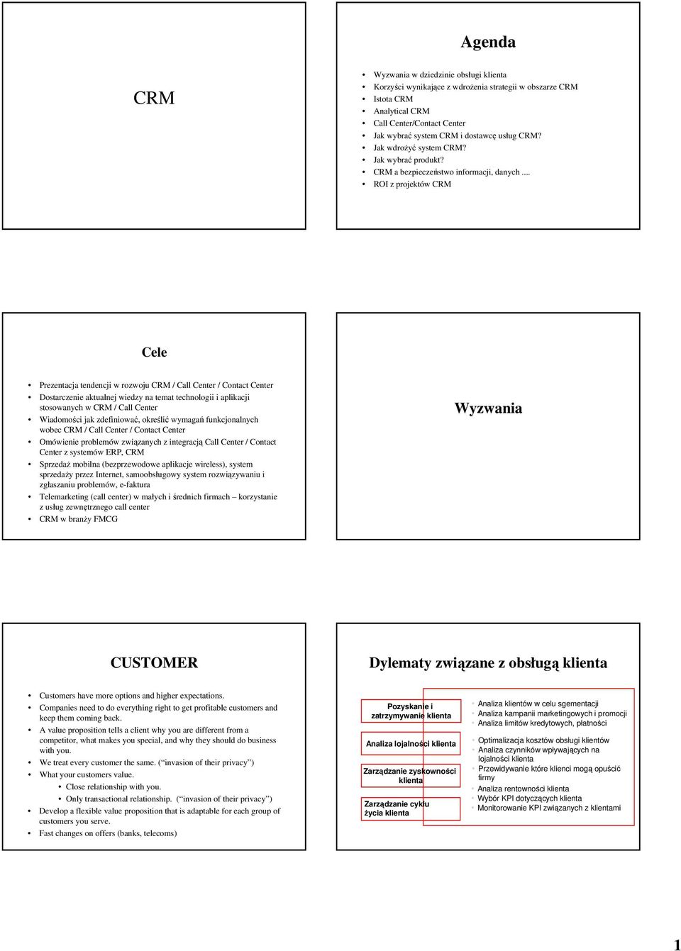 .. ROI z projektów CRM Cele Prezentacja tendencji w rozwoju CRM / Call Center / Contact Center Dostarczenie aktualnej wiedzy na temat technologii i aplikacji stosowanych w CRM / Call Center