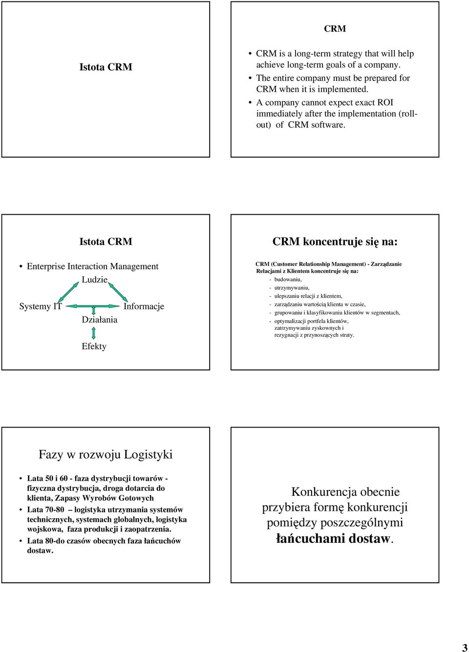 Istota CRM Enterprise Interaction Management Ludzie Systemy IT Działania Efekty Informacje CRM koncentruje się na: CRM (Customer Relationship Management) - Zarządzanie Relacjami z Klientem