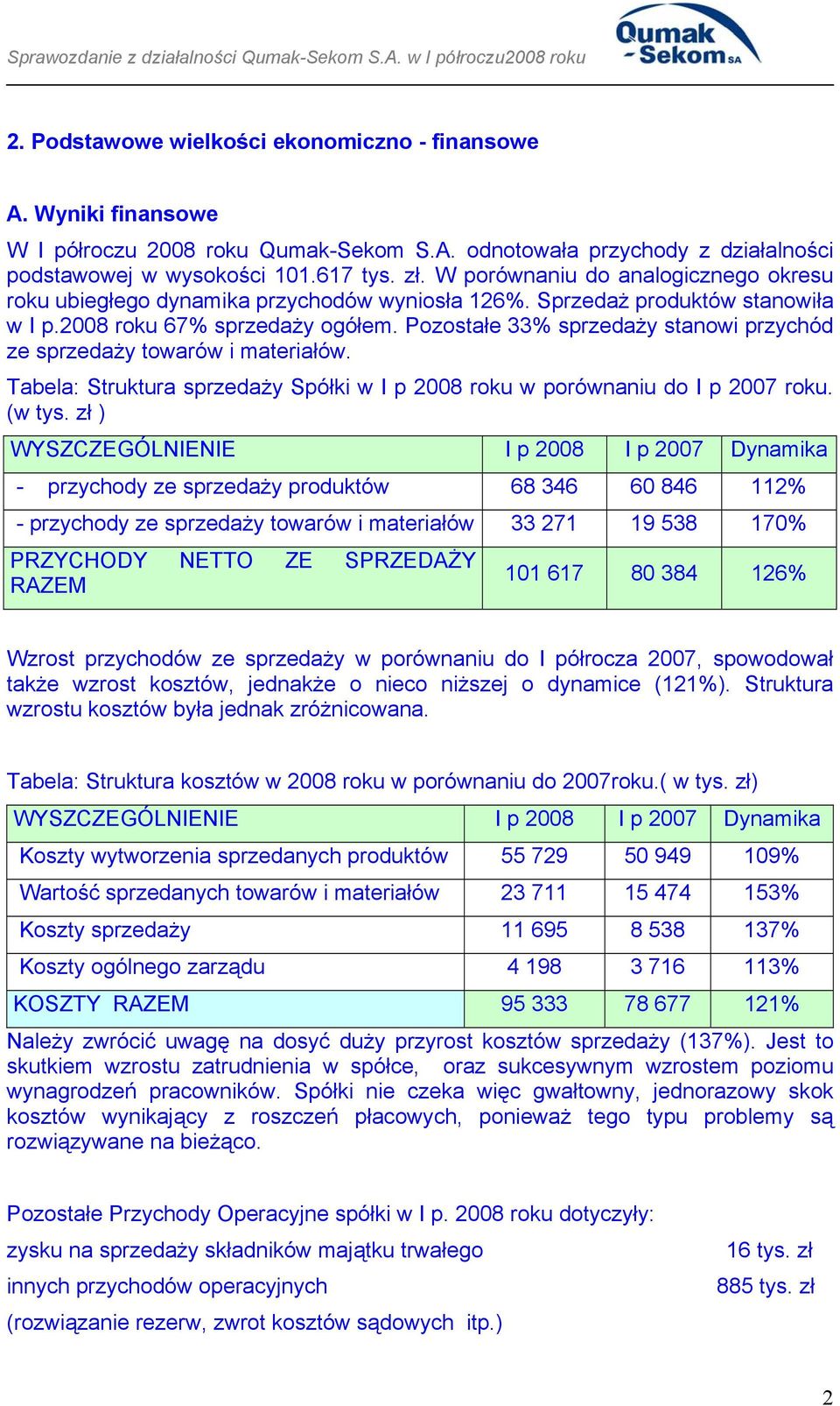 Pozostałe 33% sprzedaży stanowi przychód ze sprzedaży towarów i materiałów. Tabela: Struktura sprzedaży Spółki w I p 2008 roku w porównaniu do I p 2007 roku. (w tys.