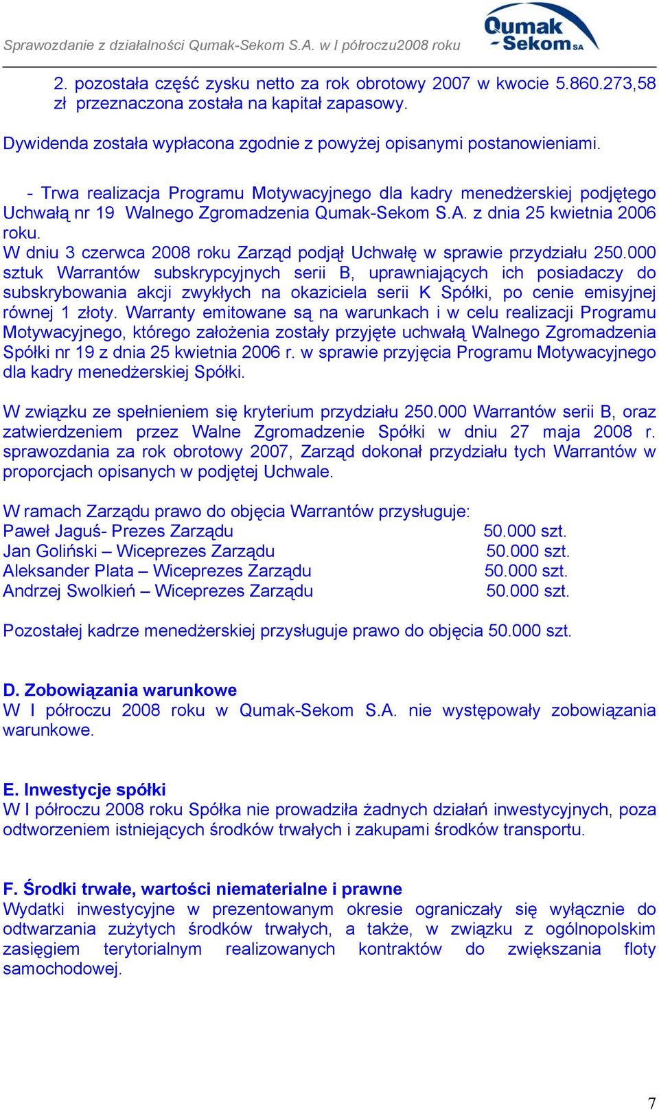 W dniu 3 czerwca 2008 roku Zarząd podjął Uchwałę w sprawie przydziału 250.