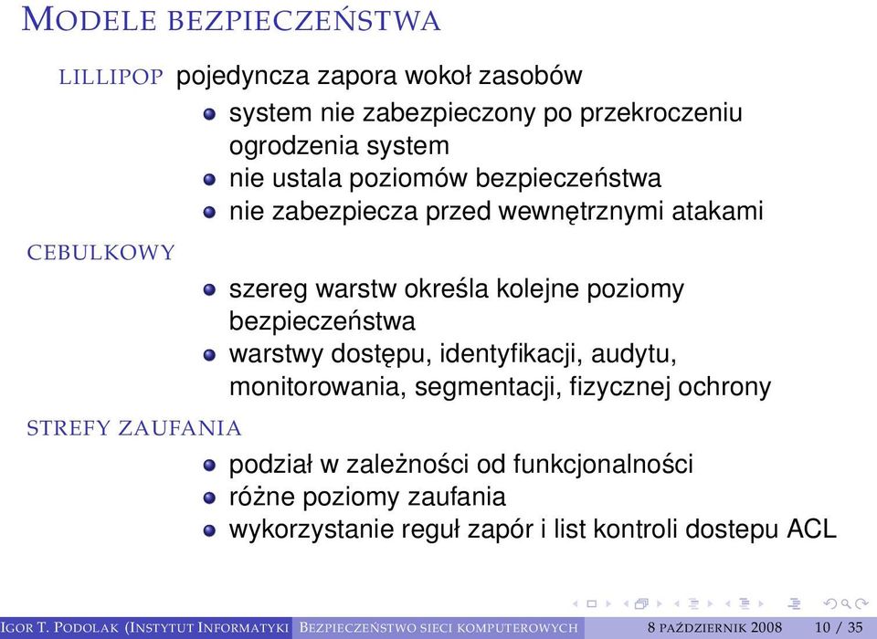 identyfikacji, audytu, monitorowania, segmentacji, fizycznej ochrony STREFY ZAUFANIA podział w zależności od funkcjonalności różne poziomy