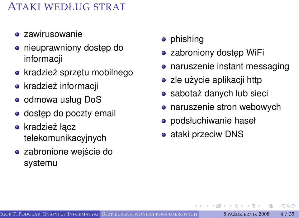 WiFi naruszenie instant messaging zle użycie aplikacji http sabotaż danych lub sieci naruszenie stron webowych