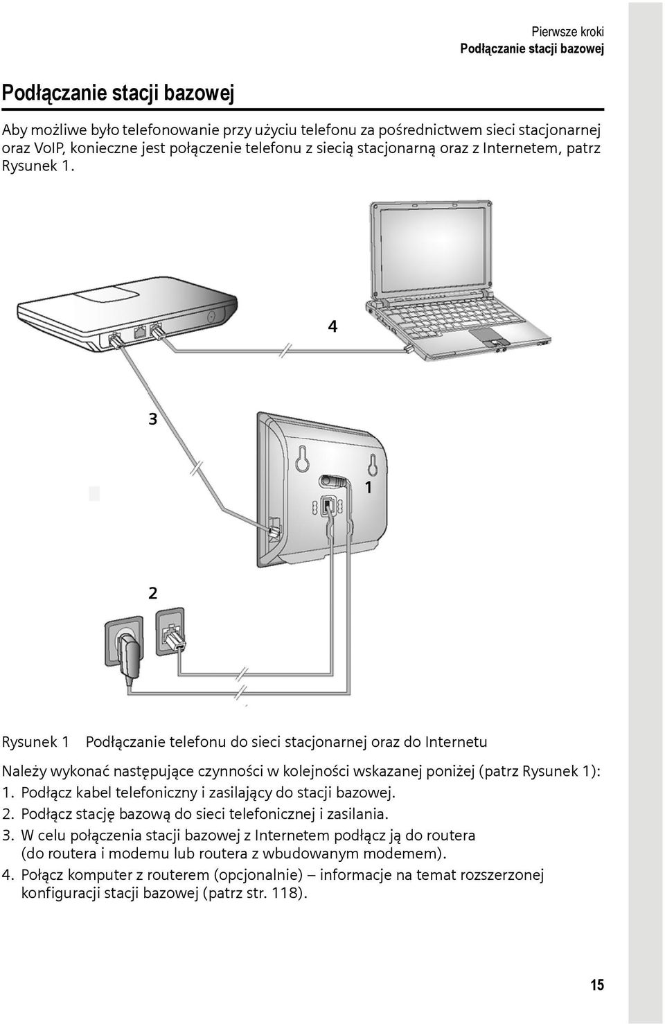 4 3 1 2 Rysunek 1 Podłączanie telefonu do sieci stacjonarnej oraz do Internetu Należy wykonać następujące czynności w kolejności wskazanej poniżej (patrz Rysunek 1): 1.