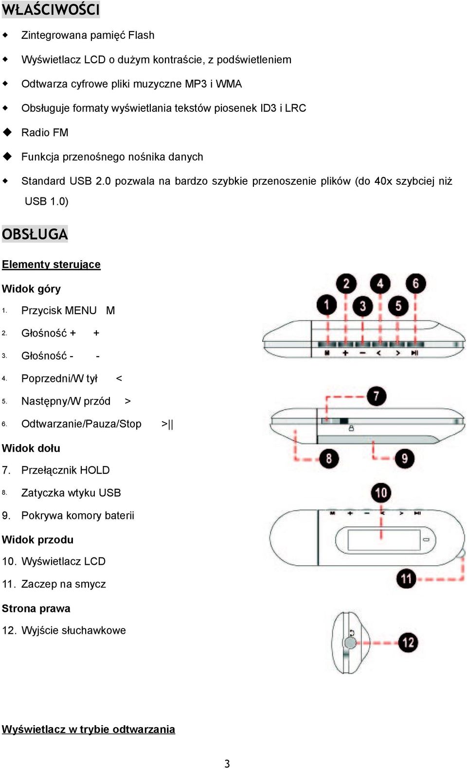 0) OBSŁUGA Elementy sterujące Widok góry 1. Przycisk MENU M 2. Głośność + + 3. Głośność - - 4. Poprzedni/W tył < 5. Następny/W przód > 6.