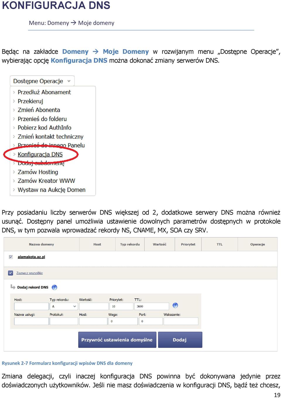 Dostępny panel umożliwia ustawienie dowolnych parametrów dostępnych w protokole DNS, w tym pozwala wprowadzać rekordy NS, CNAME, MX, SOA czy SRV.