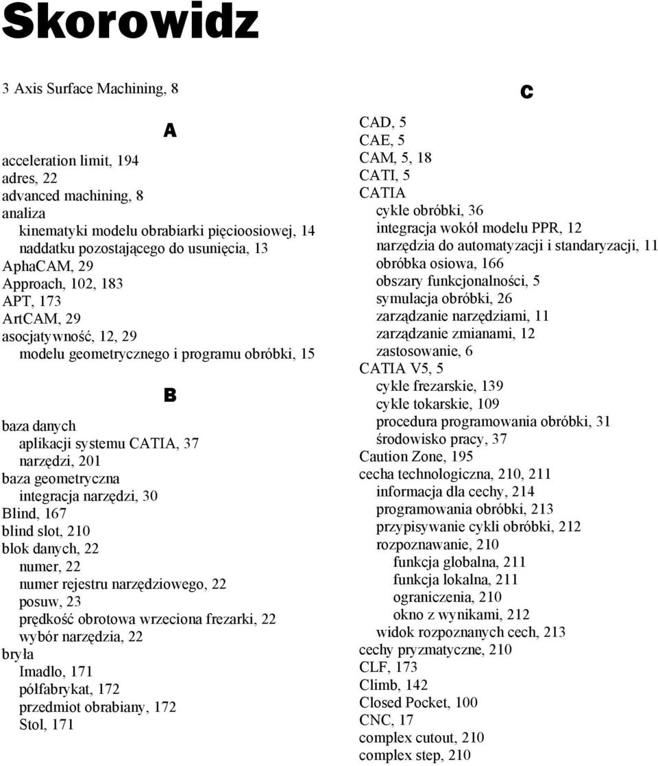 30 Blind, 167 blind slot, 210 blok danych, 22 numer, 22 numer rejestru narz dziowego, 22 posuw, 23 pr dko obrotowa wrzeciona frezarki, 22 wybór narz dzia, 22 bry a Imadlo, 171 pó fabrykat, 172