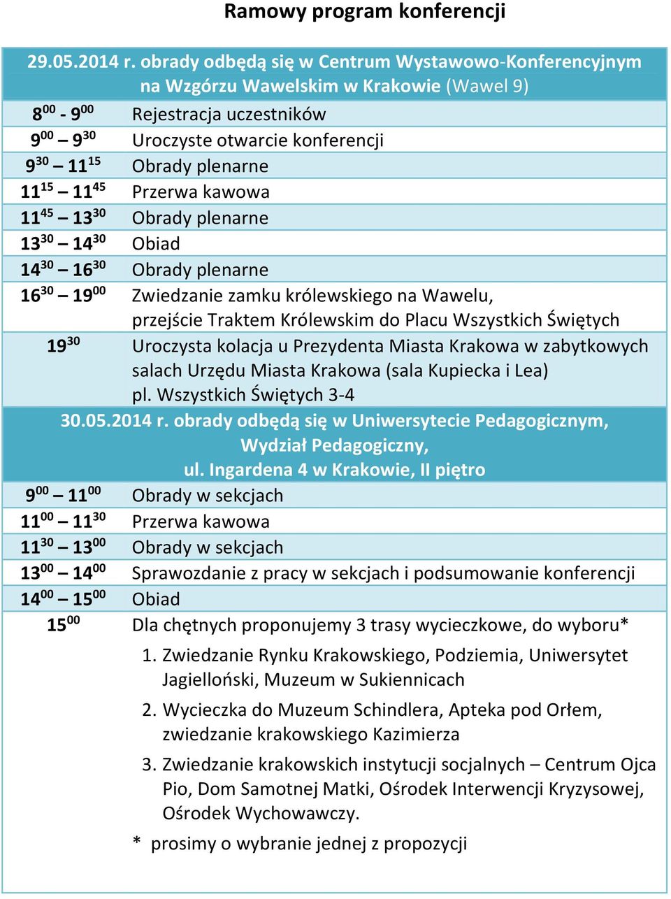 15 11 45 Przerwa kawowa 11 45 13 30 Obrady plenarne 13 30 14 30 Obiad 14 30 16 30 Obrady plenarne 16 30 19 00 Zwiedzanie zamku królewskiego na Wawelu, przejście Traktem Królewskim do Placu Wszystkich