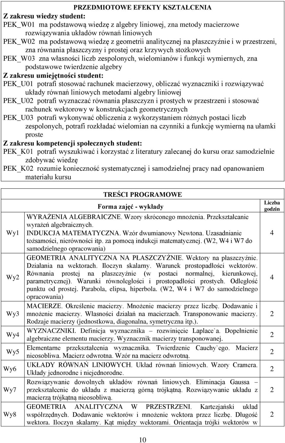 podstawowe twierdzenie algebry Z zakresu umiejętności student: PEK_U01 potrafi stosować rachunek macierzowy, obliczać wyznaczniki i rozwiązywać układy równań liniowych metodami algebry liniowej