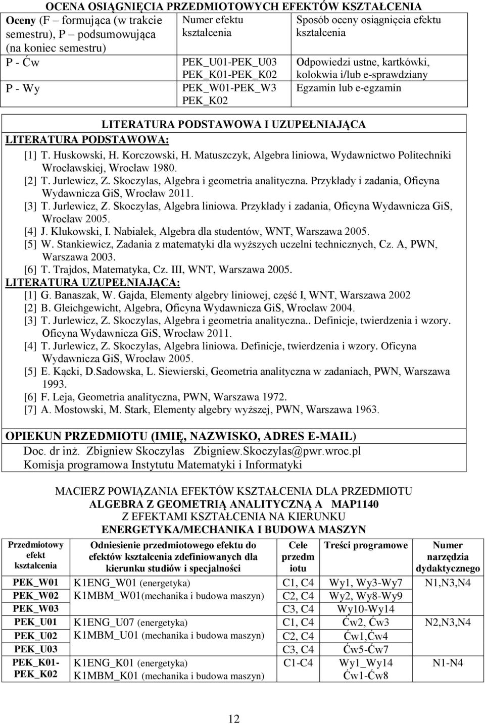 Huskowski, H. Korczowski, H. Matuszczyk, Algebra liniowa, Wydawnictwo Politechniki Wrocławskiej, Wrocław 1980. [] T. Jurlewicz, Z. Skoczylas, Algebra i geometria analityczna.