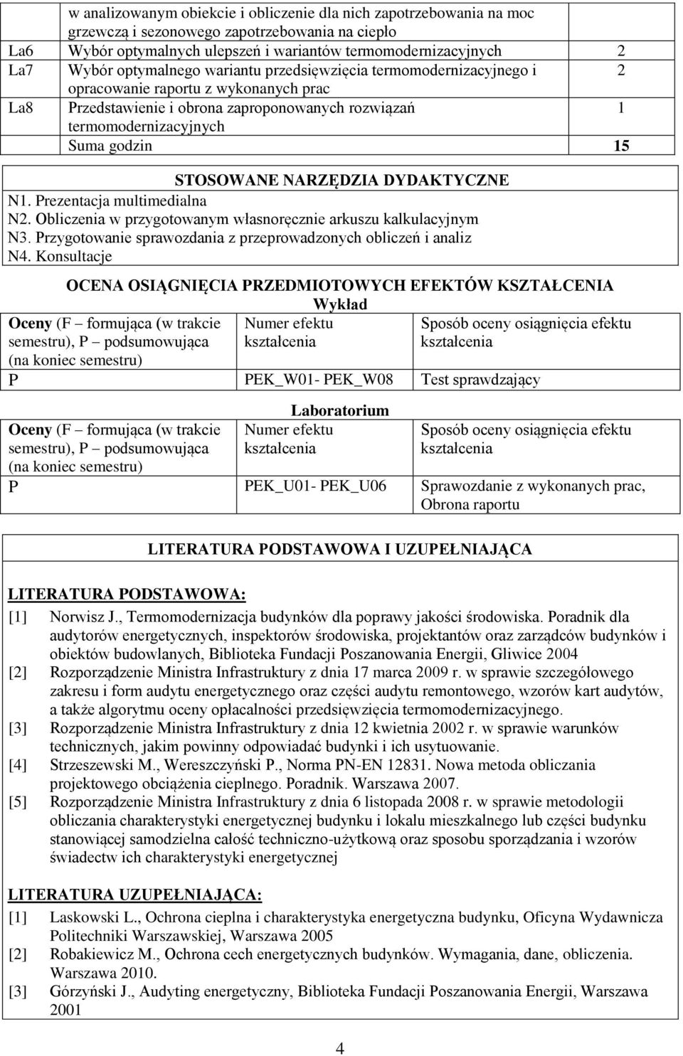 STOSOWANE NARZĘDZIA DYDAKTYCZNE N1. Prezentacja multimedialna N. Obliczenia w przygotowanym własnoręcznie arkuszu kalkulacyjnym N3. Przygotowanie sprawozdania z przeprowadzonych obliczeń i analiz N4.