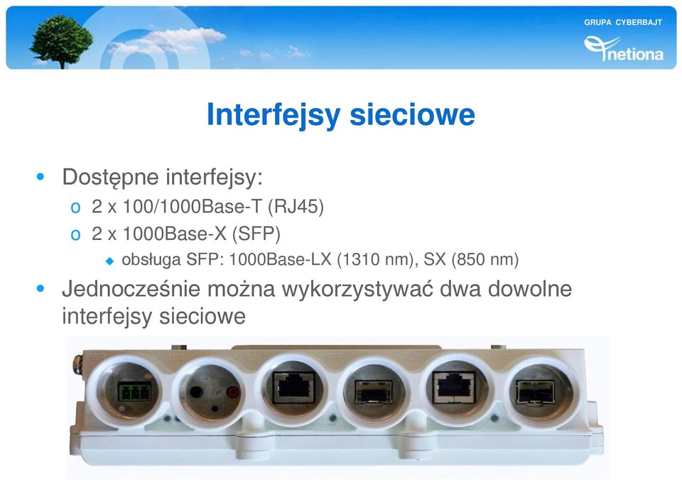 obsługa SFP: 1000Base-LX (1310 nm), SX (850 nm)