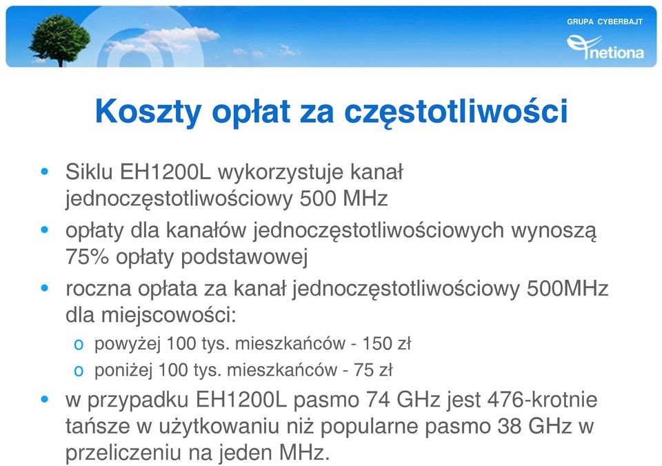500MHz dla miejscowości: o powyżej 100 tys. mieszkańców - 150 zł o poniżej 100 tys.