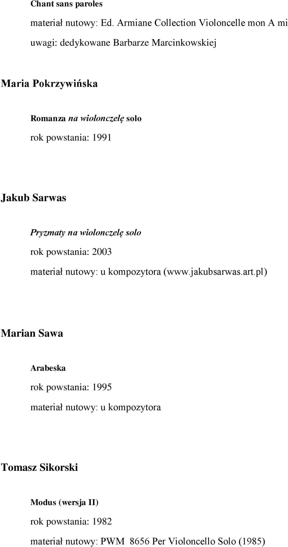 Romanza na wiolonczelę solo rok powstania: 1991 Jakub Sarwas Pryzmaty na wiolonczelę solo rok powstania: